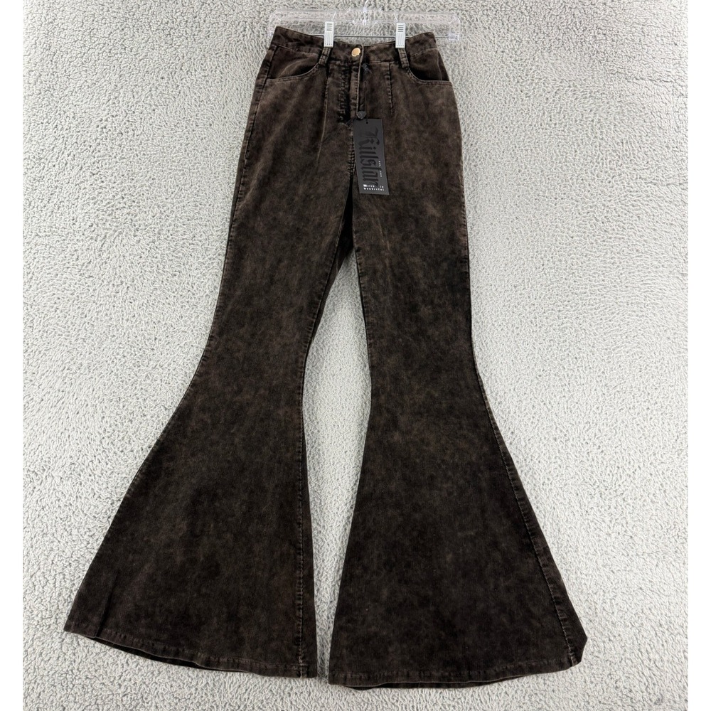 Killstar Corduroy Flare Pants Womens XS Brown Acid Wash High Rise Bell Bottom